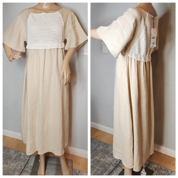 NWT Zara Linen Macrame Knit Beige Midi Dress Size Small Butterfly Sleeves - Picture 1 of 16